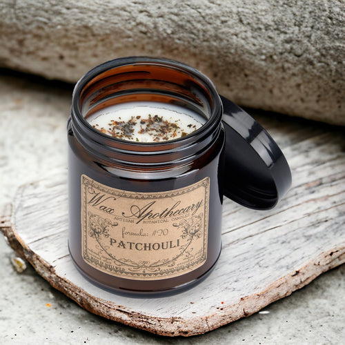 6 oz Botanical Candle in Amber Glass Jar - Patchouli | Candle | Wiccan Center