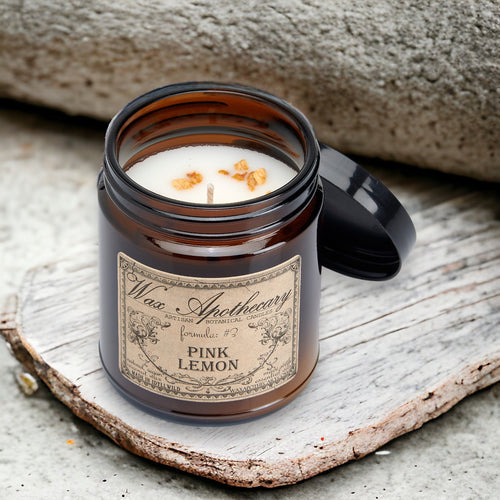 6 oz Botanical Candle in Amber Glass Jar - Pink Lemon | Candle | Wiccan Center