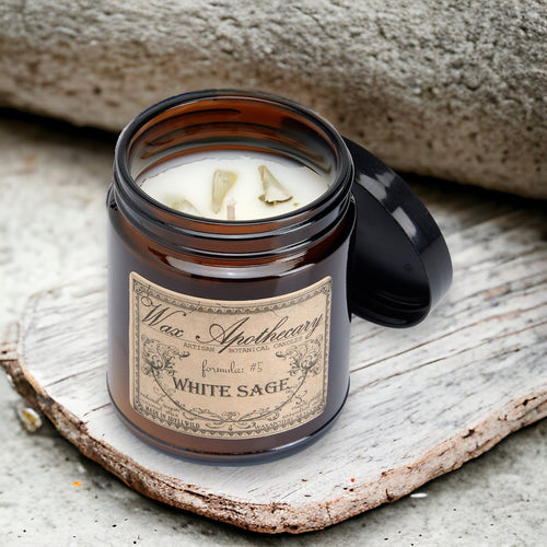 6 oz Botanical Candle in Amber Glass Jar - White Sage | Candle | Wiccan Center