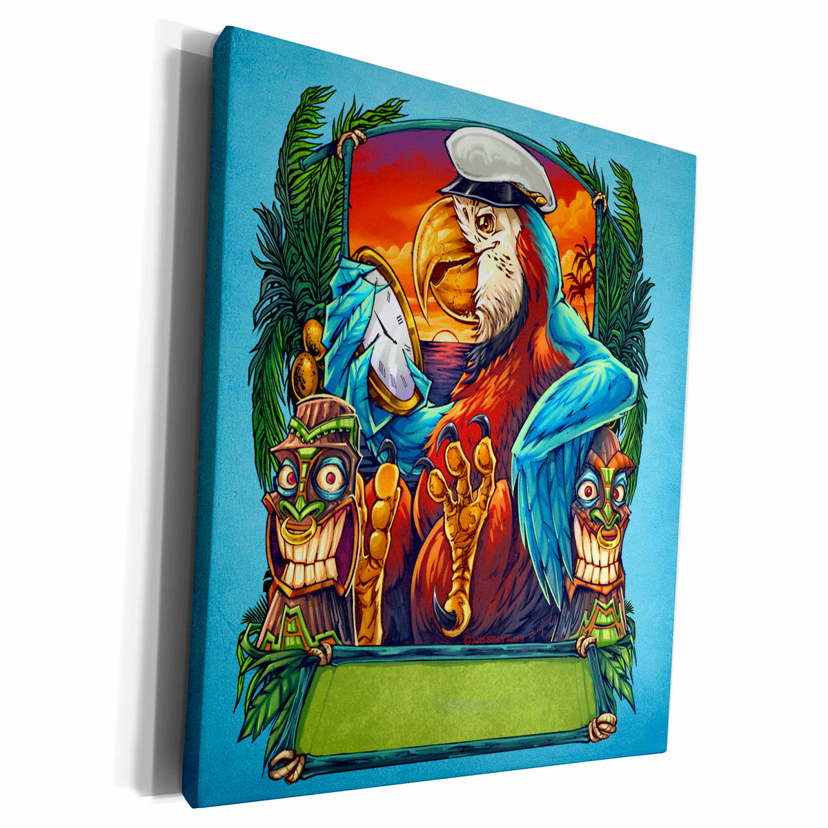 3dRose Sea-faring parrot ship captain with tiki heads - Museum Grade Canvas Wrap (cw_295925)