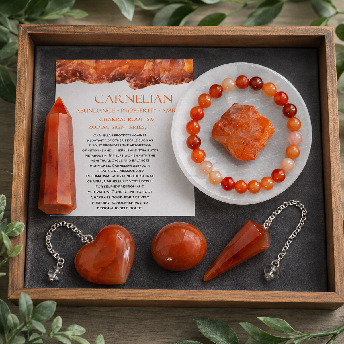 Carnelian Crystal Gift Set For Emotional Support and Protection, Real Polished Gemstones. | Merkaba & Platonic Solids | Wiccan Center