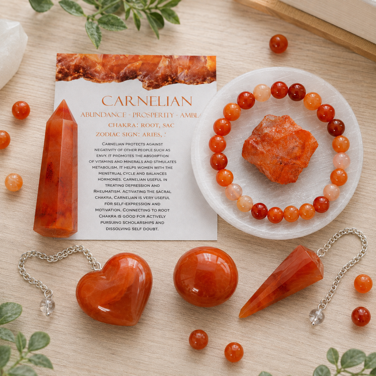 Carnelian Crystal Gift Set For Emotional Support and Protection, Real Polished Gemstones. | Merkaba & Platonic Solids | Wiccan Center