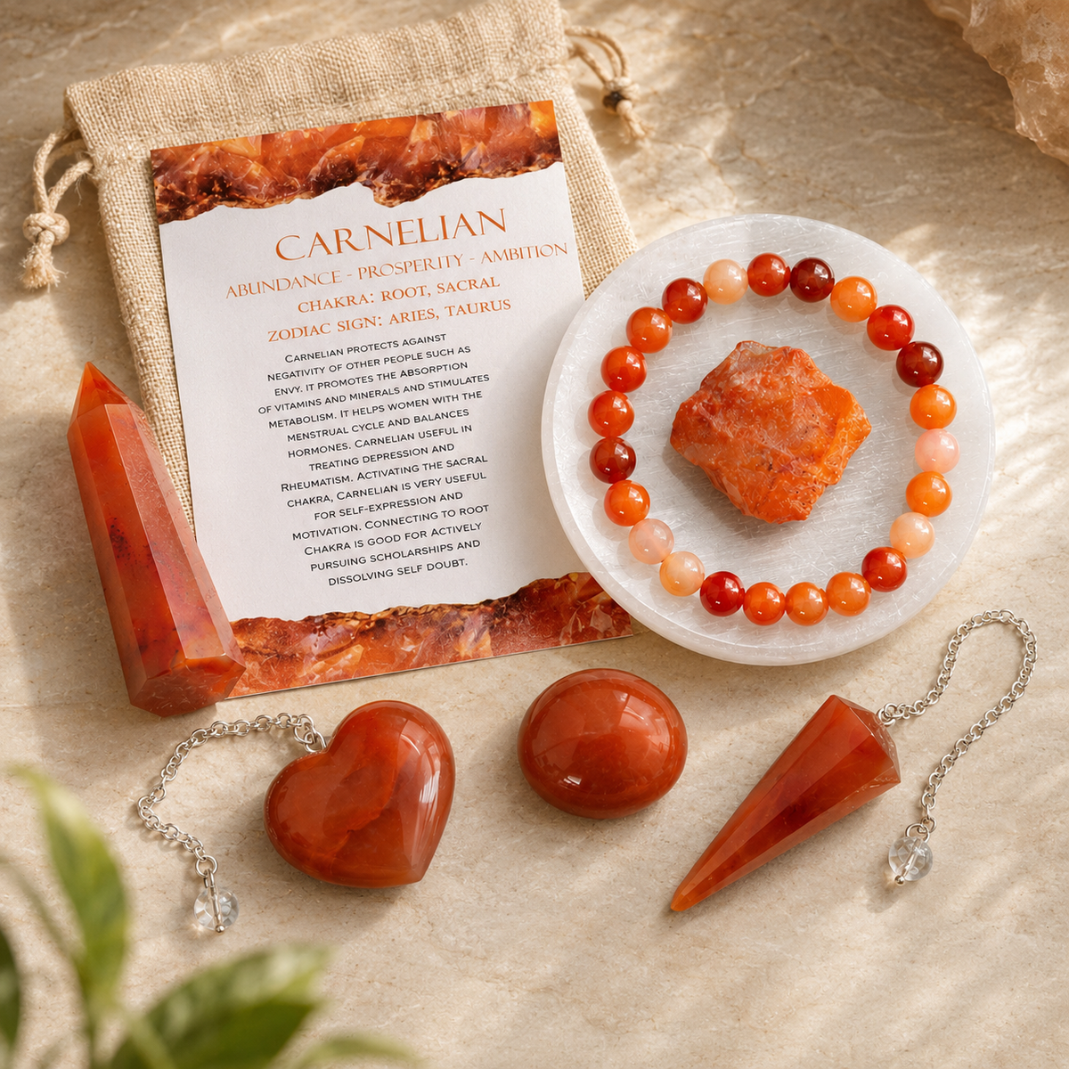 Carnelian Crystal Gift Set For Emotional Support and Protection, Real Polished Gemstones. | Merkaba & Platonic Solids | Wiccan Center