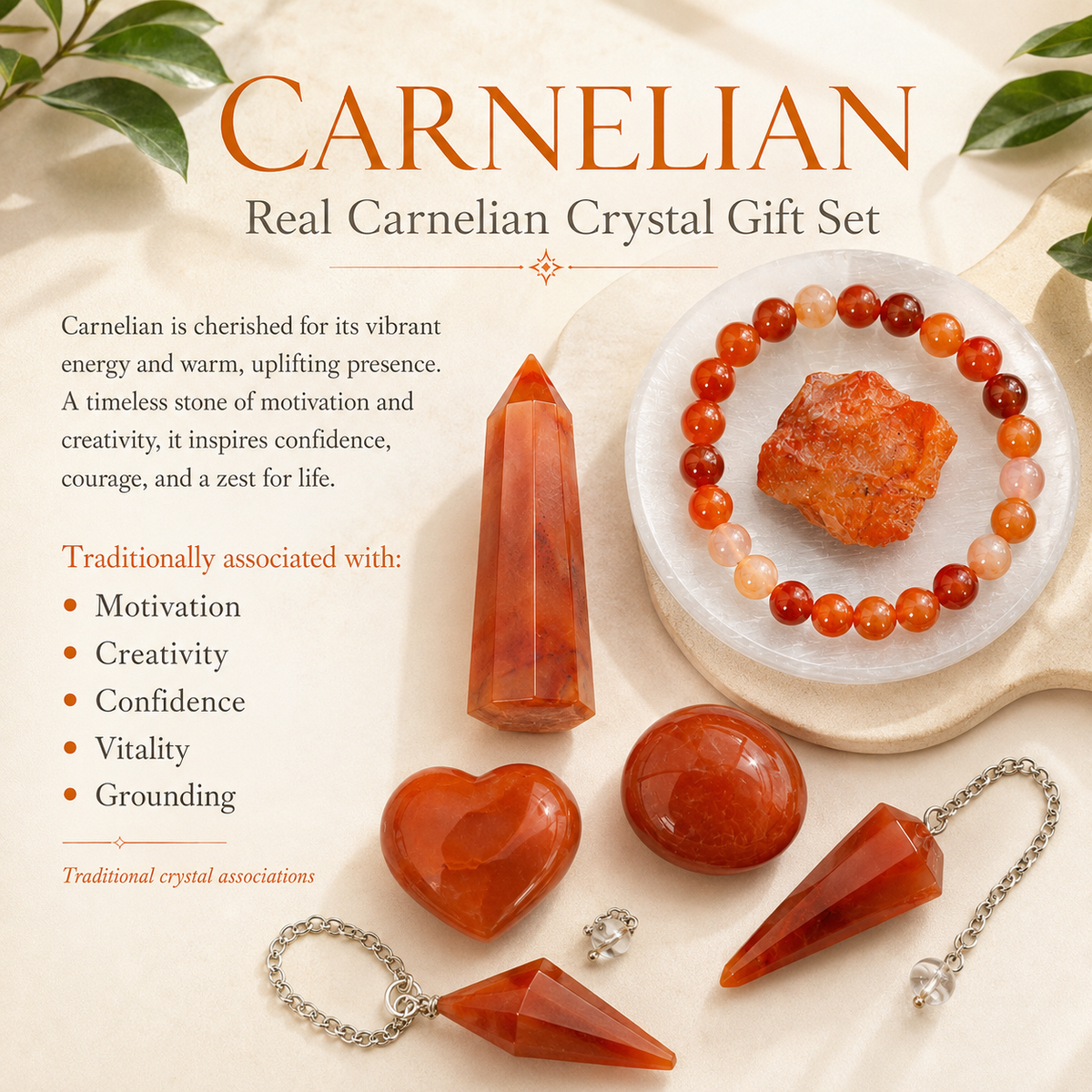 Carnelian Crystal Gift Set For Emotional Support and Protection, Real Polished Gemstones. | Merkaba & Platonic Solids | Wiccan Center