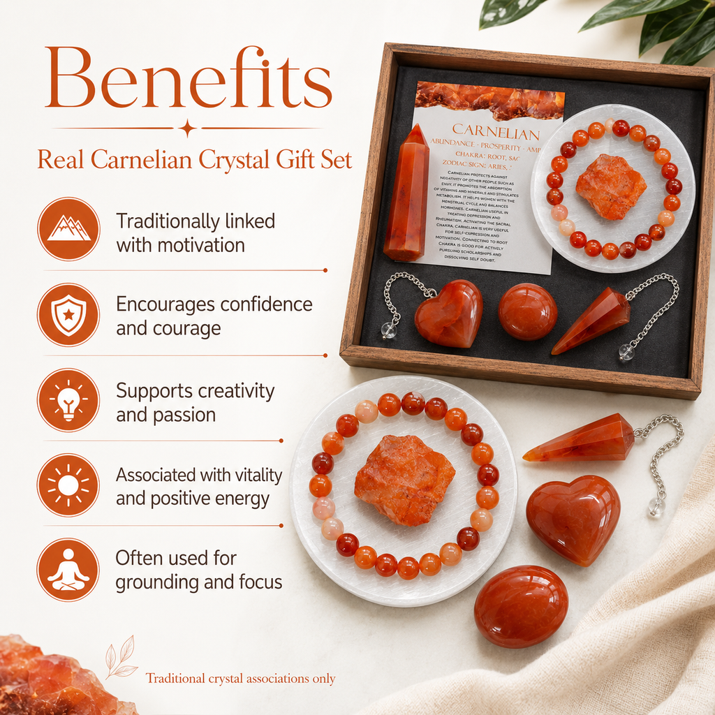 Carnelian Crystal Gift Set For Emotional Support and Protection, Real Polished Gemstones. | Merkaba & Platonic Solids | Wiccan Center