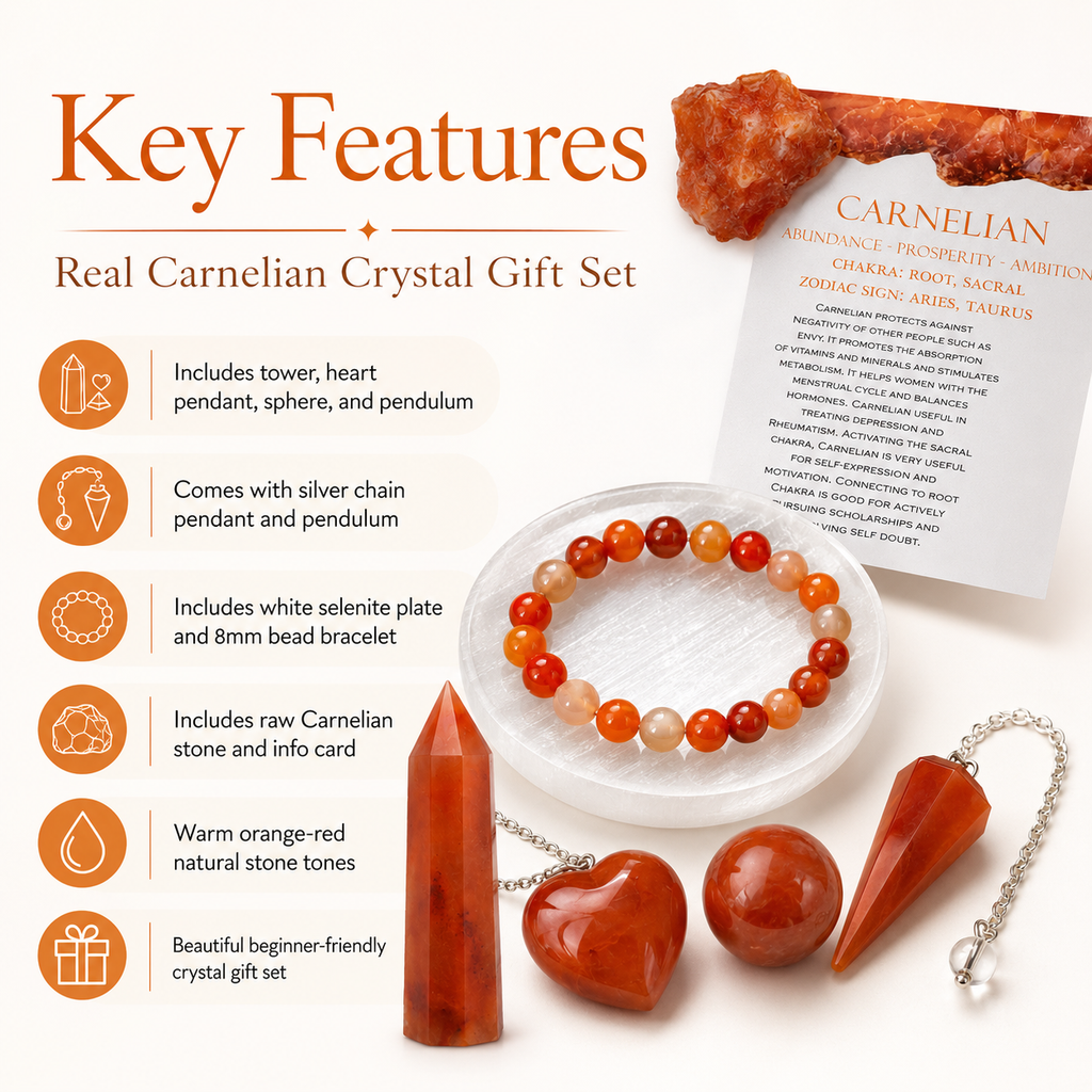 Carnelian Crystal Gift Set For Emotional Support and Protection, Real Polished Gemstones. | Merkaba & Platonic Solids | Wiccan Center