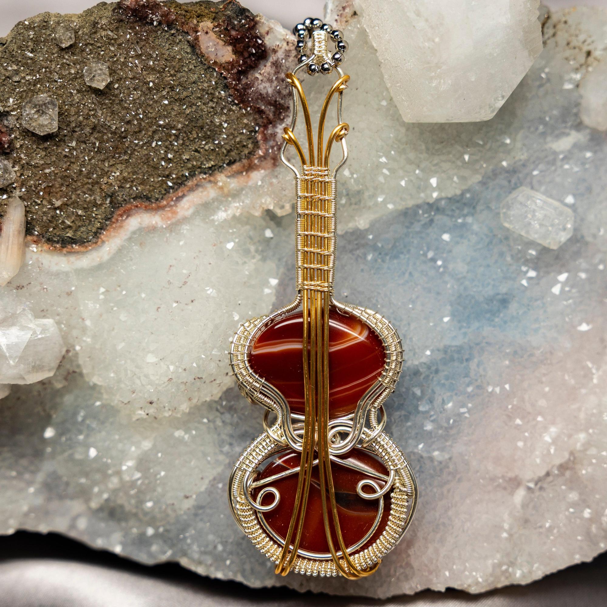 Carnelian Agate Fiddle Wire Wrap Pendant 4 Inch