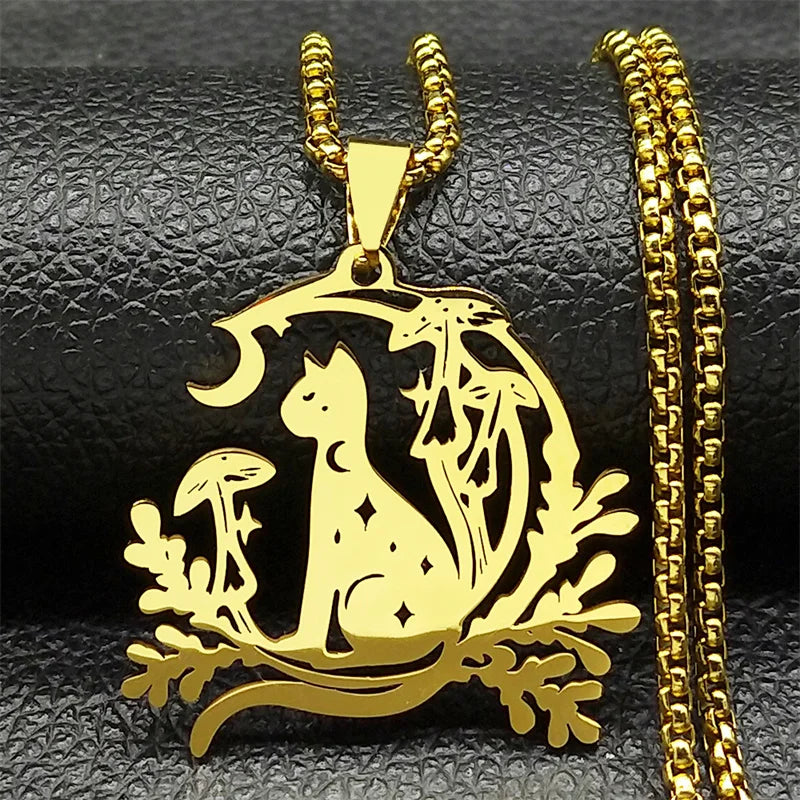 Cat Moon Mushroom Necklace | necklace | Wiccan Center