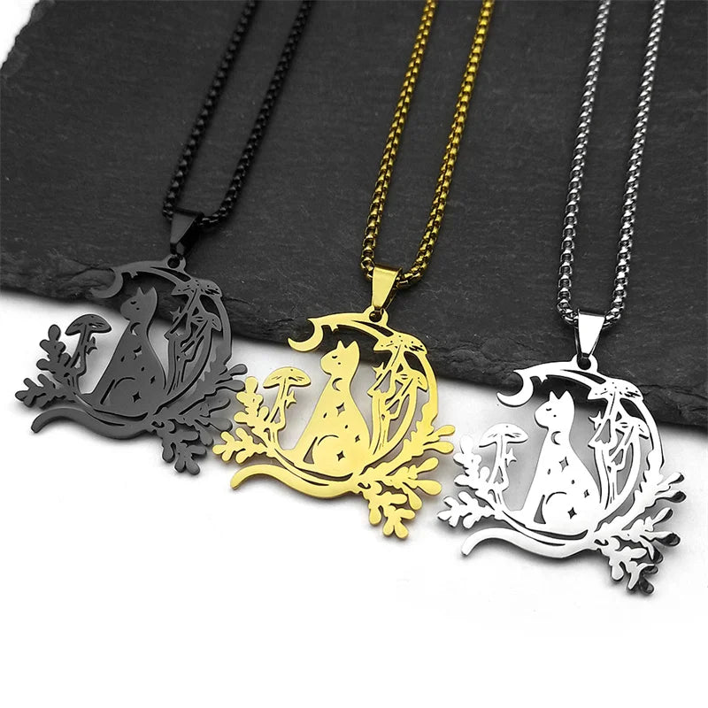 Cat Moon Mushroom Necklace | necklace | Wiccan Center