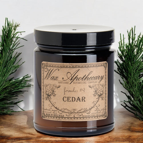 6 oz Botanical Candle in Amber Glass Jar - Cedar | Candle | Wiccan Center