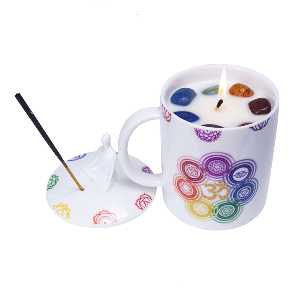 Ceramic Coffee Mug Candle & Incense Holder - Chakra w/ Gemstones