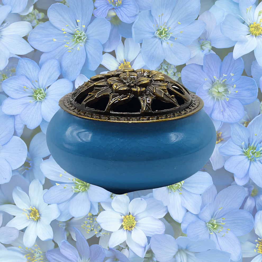 Ceramic Incense Burner Bowl with Lid - Sea Blue - 3.75"
