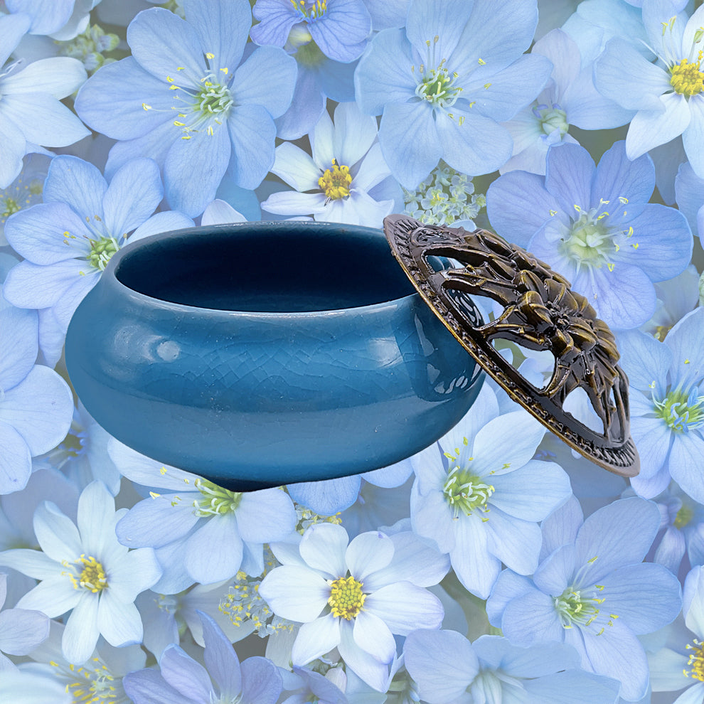 Ceramic Incense Burner Bowl with Lid - Sea Blue - 3.75"