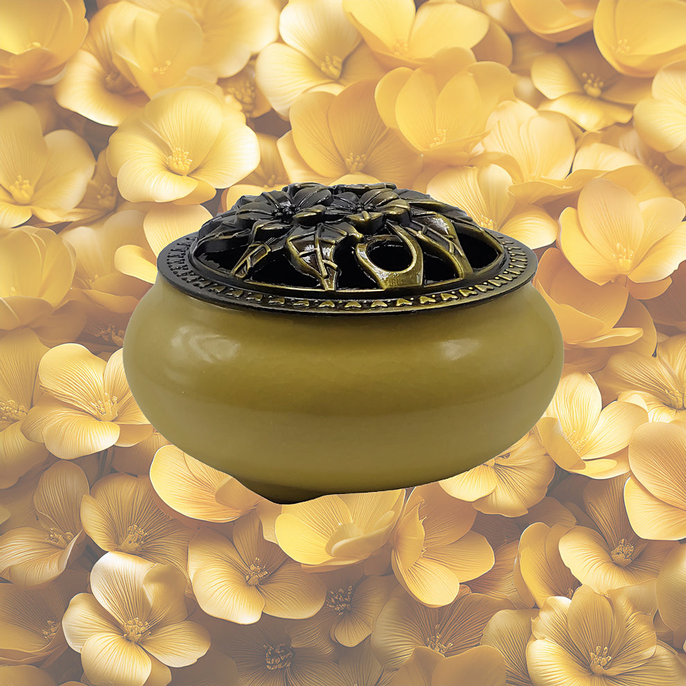 Ceramic Incense Burner Bowl with Lid - Yellow - 3.75"