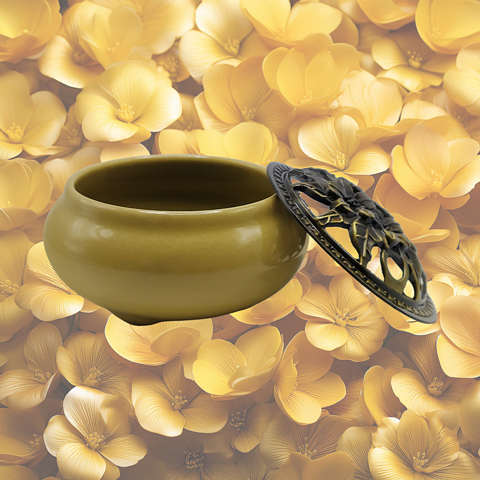Ceramic Incense Burner Bowl with Lid - Yellow - 3.75"
