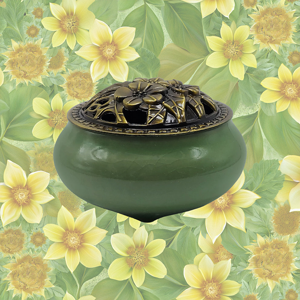 Ceramic Incense Burner Bowl with Lid - Green - 3.75"