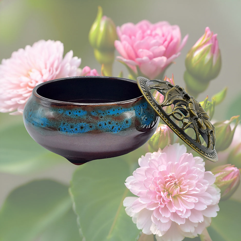 Ceramic Incense Burner Bowl with Lid - Ocean - 3.75"