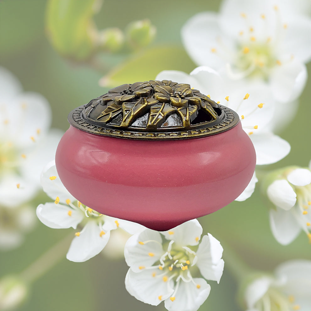 Ceramic Incense Burner Bowl with Lid - Pink - 3.75"