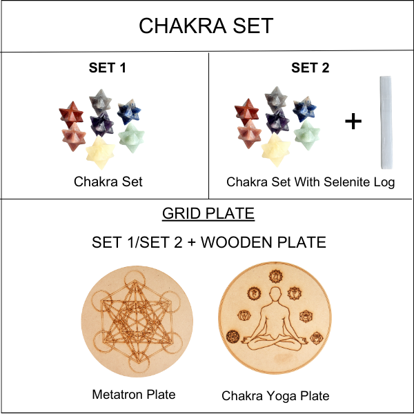7 Chakra Merkaba Set, Chakra Crystals Set with Wooden Grid Plate, Selenite Log | Merkaba & Platonic Solids | Wiccan Center