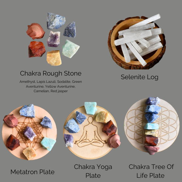 Chakra Crystals Set, 7 Chakra Rough Stones Set, Wooden Grid Plate, Selenite Log | | Wiccan Center