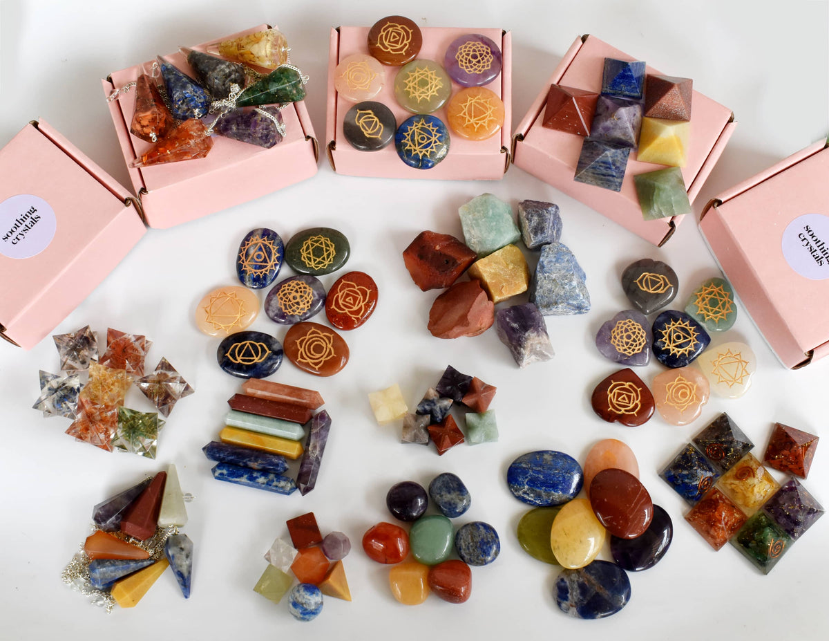 7 Chakra Merkaba Set, Chakra Crystals Set with Wooden Grid Plate, Selenite Log | Merkaba & Platonic Solids | Wiccan Center