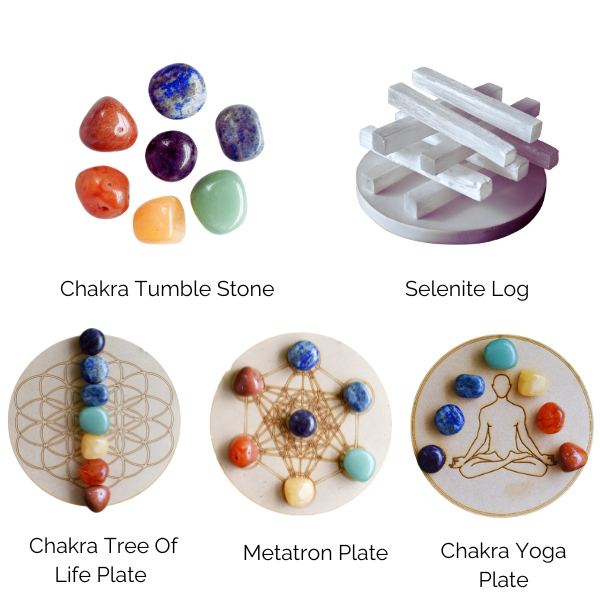 Chakra Tumbled Crystals Set, 7 Chakra Stones Set, Wooden Grid Plate, Selenite Log | | Wiccan Center