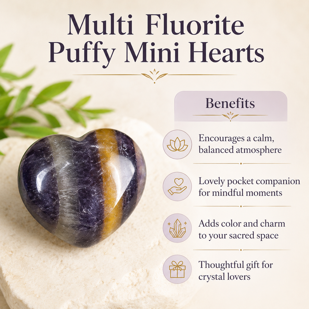 Multi Fluorite Heart Crystal, Puffy Mini 1 Inch Pocket Crystal Heart
