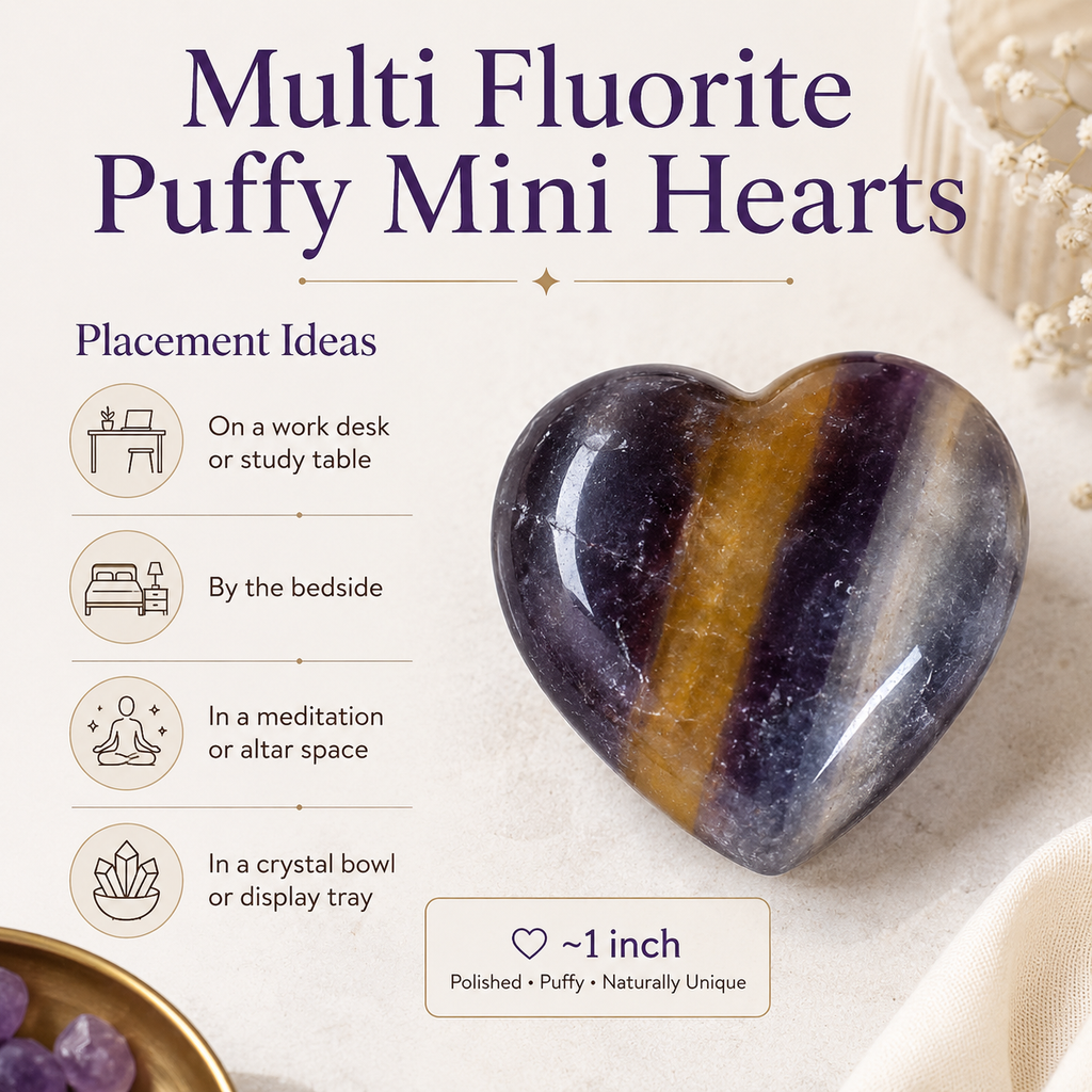 Multi Fluorite Heart Crystal, Puffy Mini 1 Inch Pocket Crystal Heart