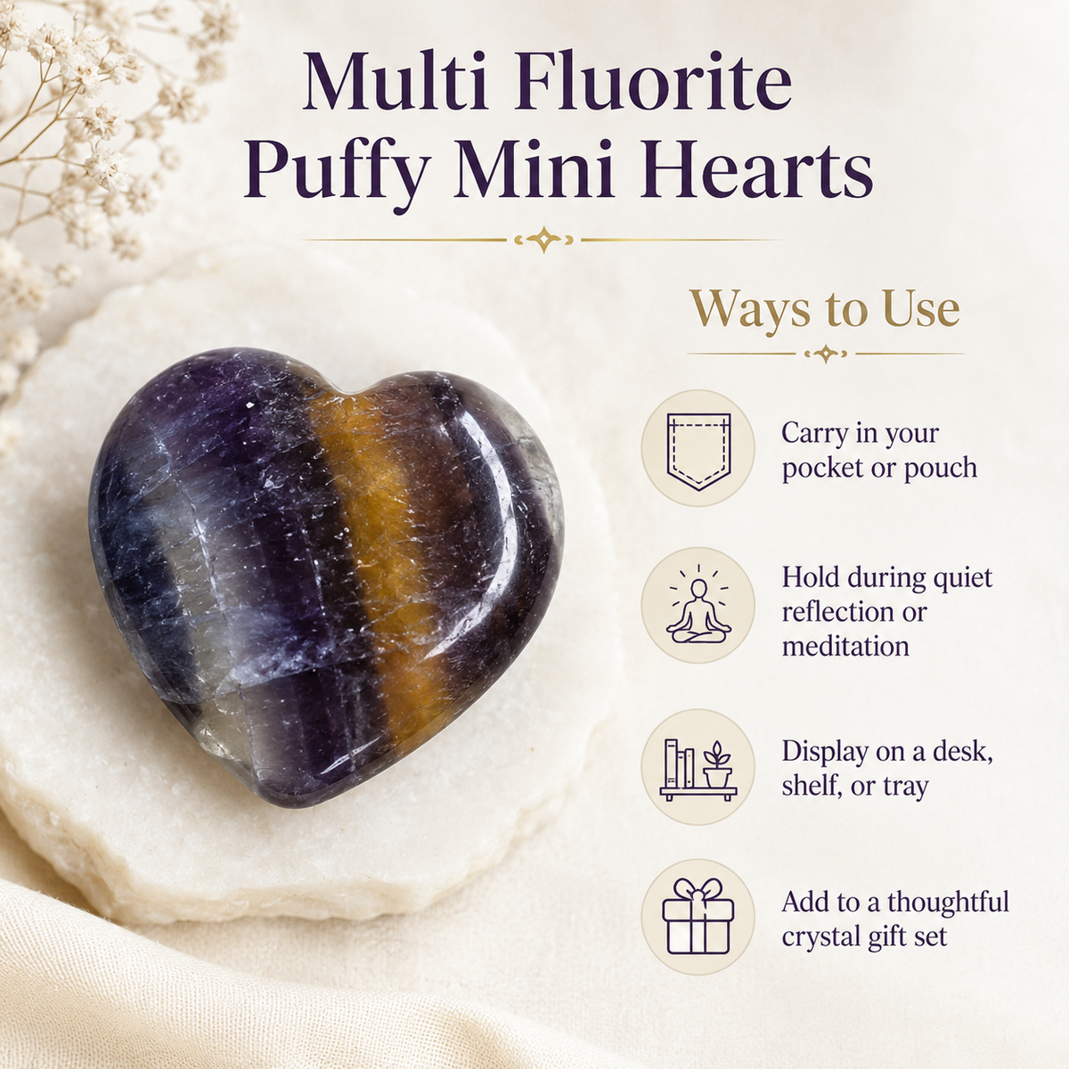 Multi Fluorite Heart Crystal, Puffy Mini 1 Inch Pocket Crystal Heart