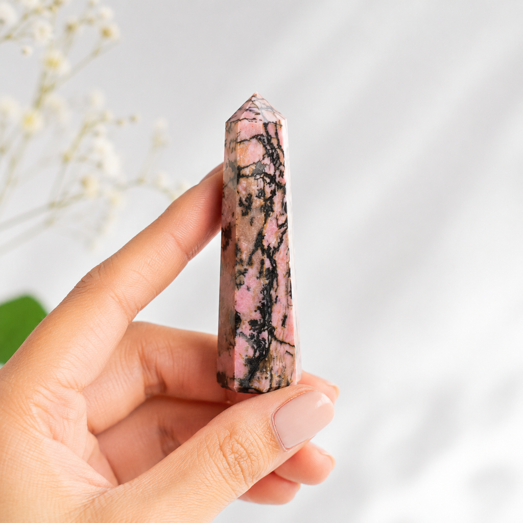 Rhodonite Tower Point (Codependency and Self-Destruction) | Obelisks & Pencils | Wiccan Center