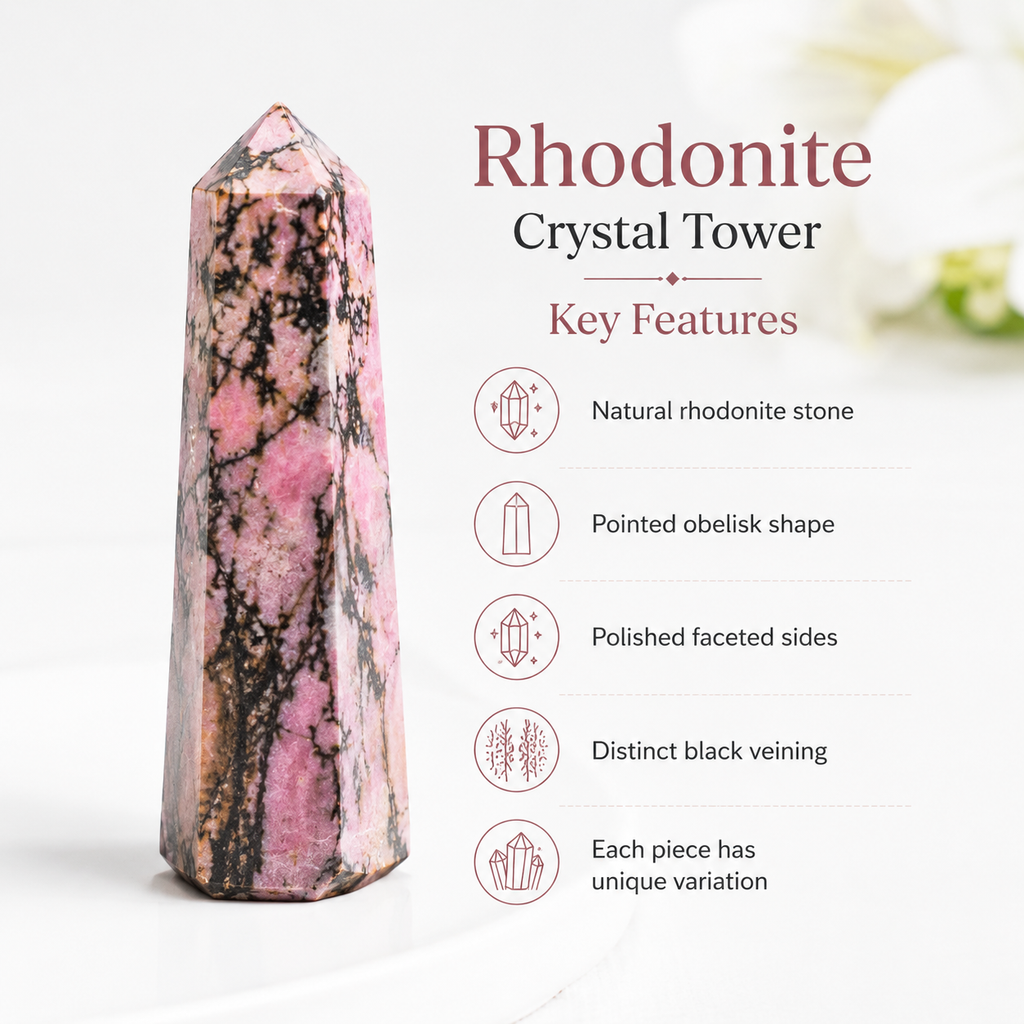 Rhodonite Tower Point (Codependency and Self-Destruction) | Obelisks & Pencils | Wiccan Center