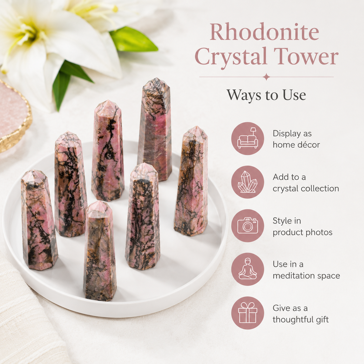 Rhodonite Tower Point (Codependency and Self-Destruction) | Obelisks & Pencils | Wiccan Center