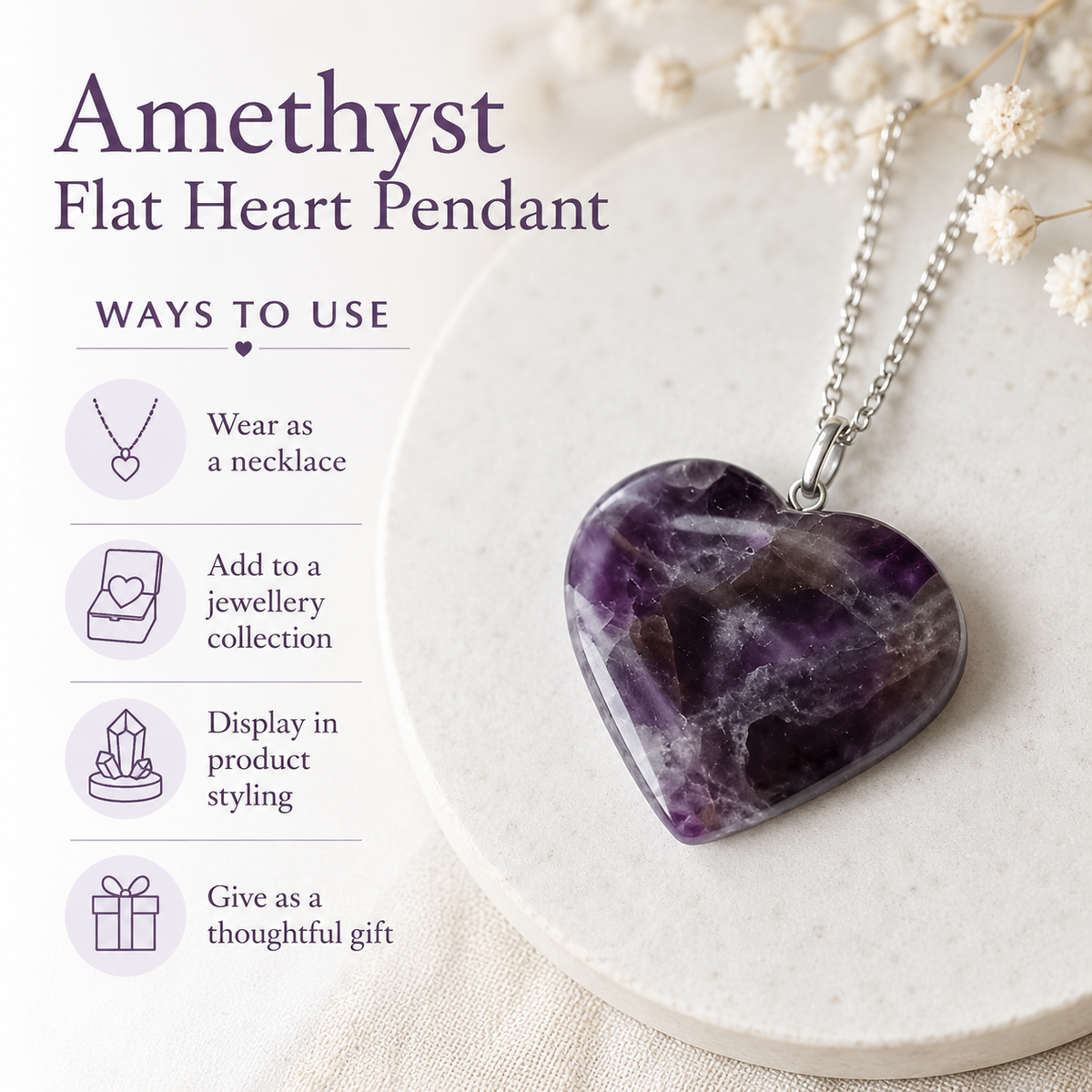 Amethyst Crystal Heart Pendant, Genuine Heart Shaped Necklaces | | Wiccan Center