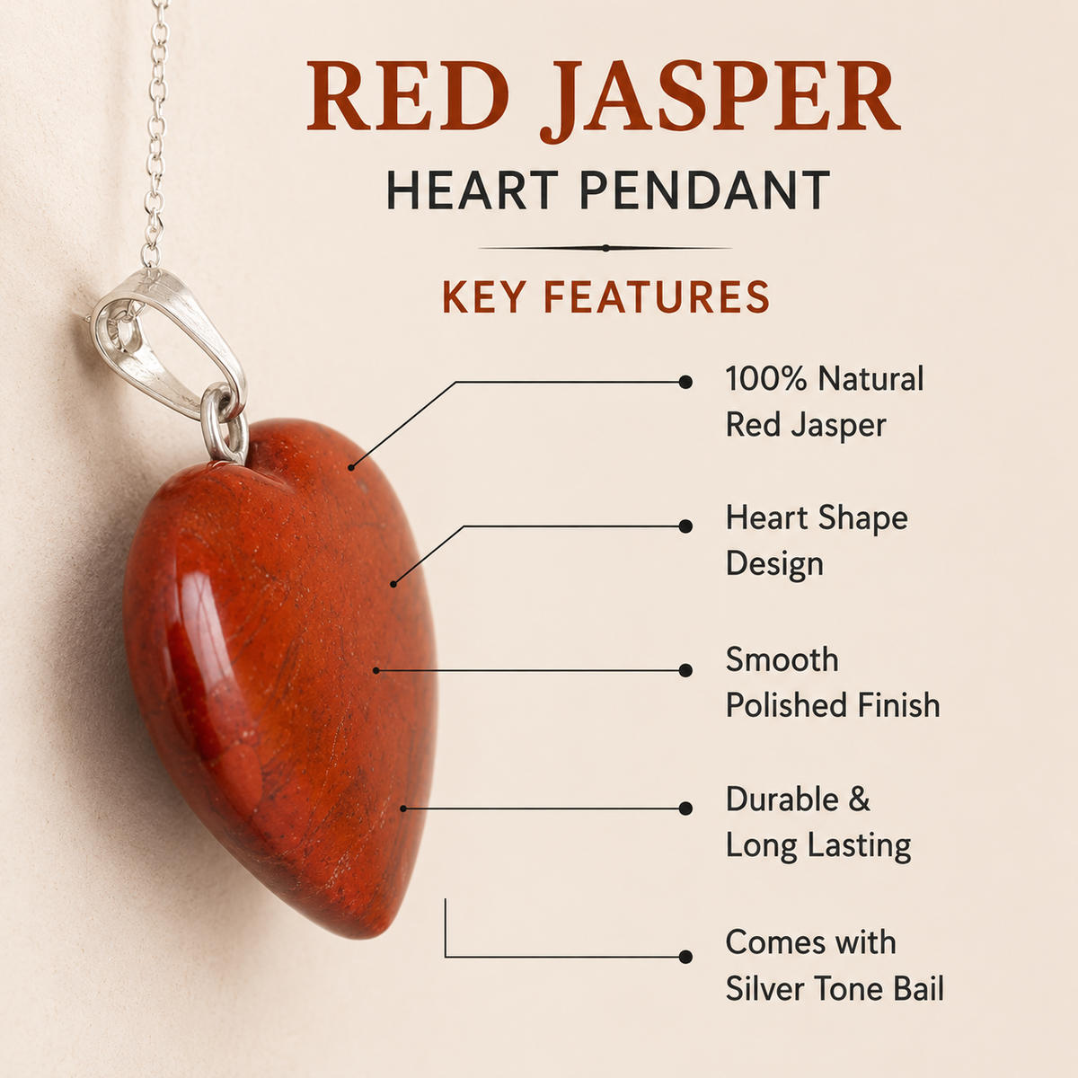 Real Red Jasper Crystal Heart Pendant, Genuine Heart Shaped | | Wiccan Center
