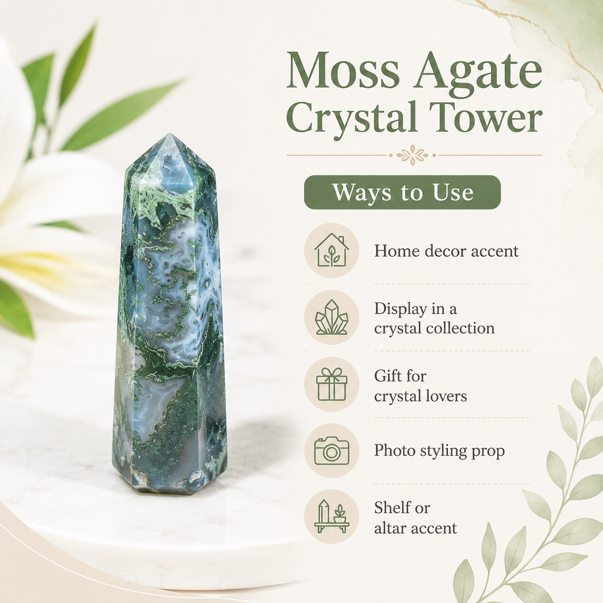 Moss Agate Tower Point (Tranquility and Emotional Balance)