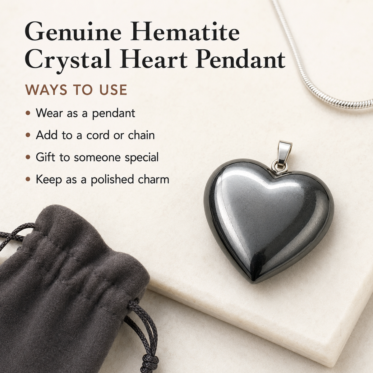 Genuine Hematite Crystal Heart Pendant, Genuine Heart Shaped Necklaces | | Wiccan Center