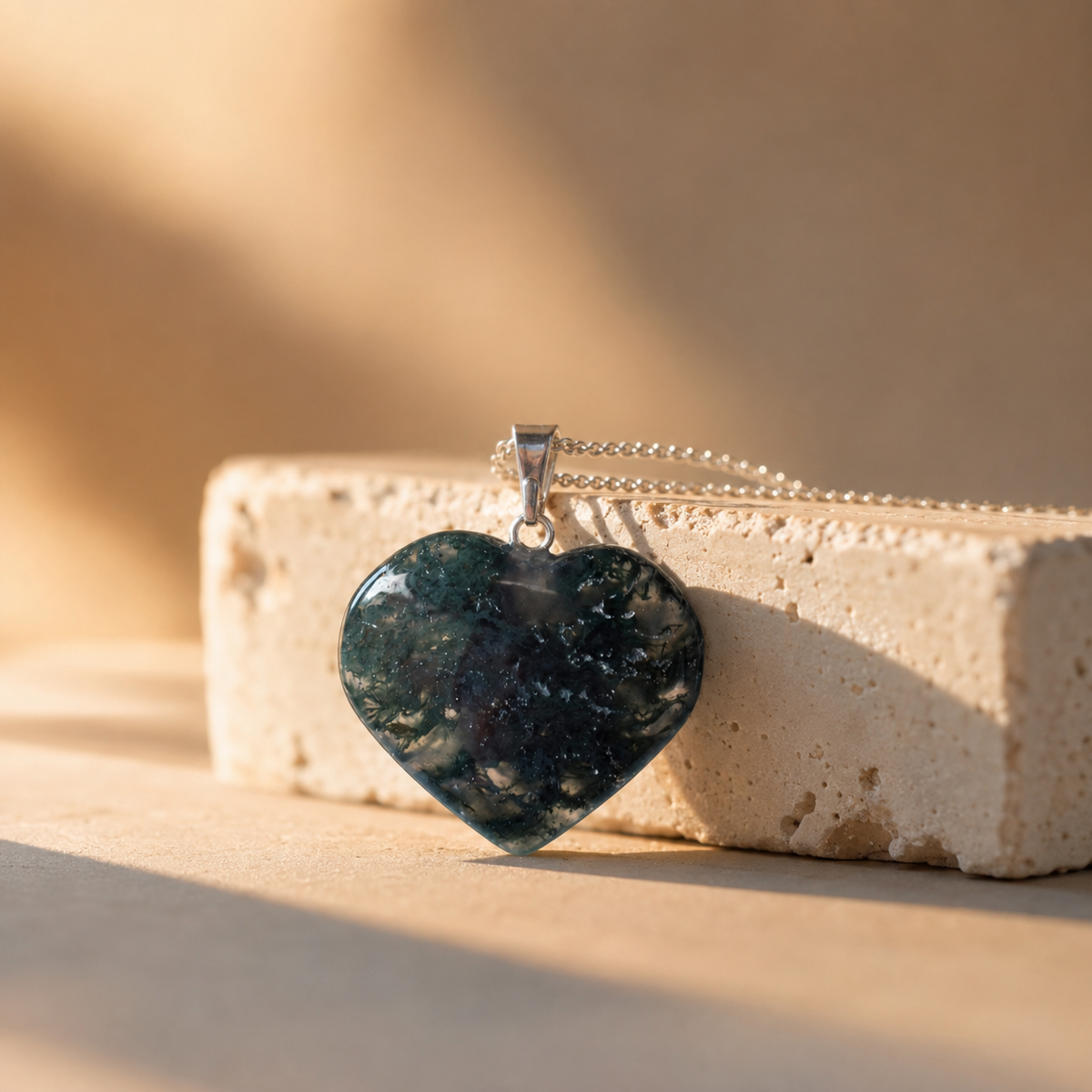 Real Moss Agate Crystal Heart Pendant, Genuine Heart Shaped Necklaces, Polished Gemstone Charm | | Wiccan Center