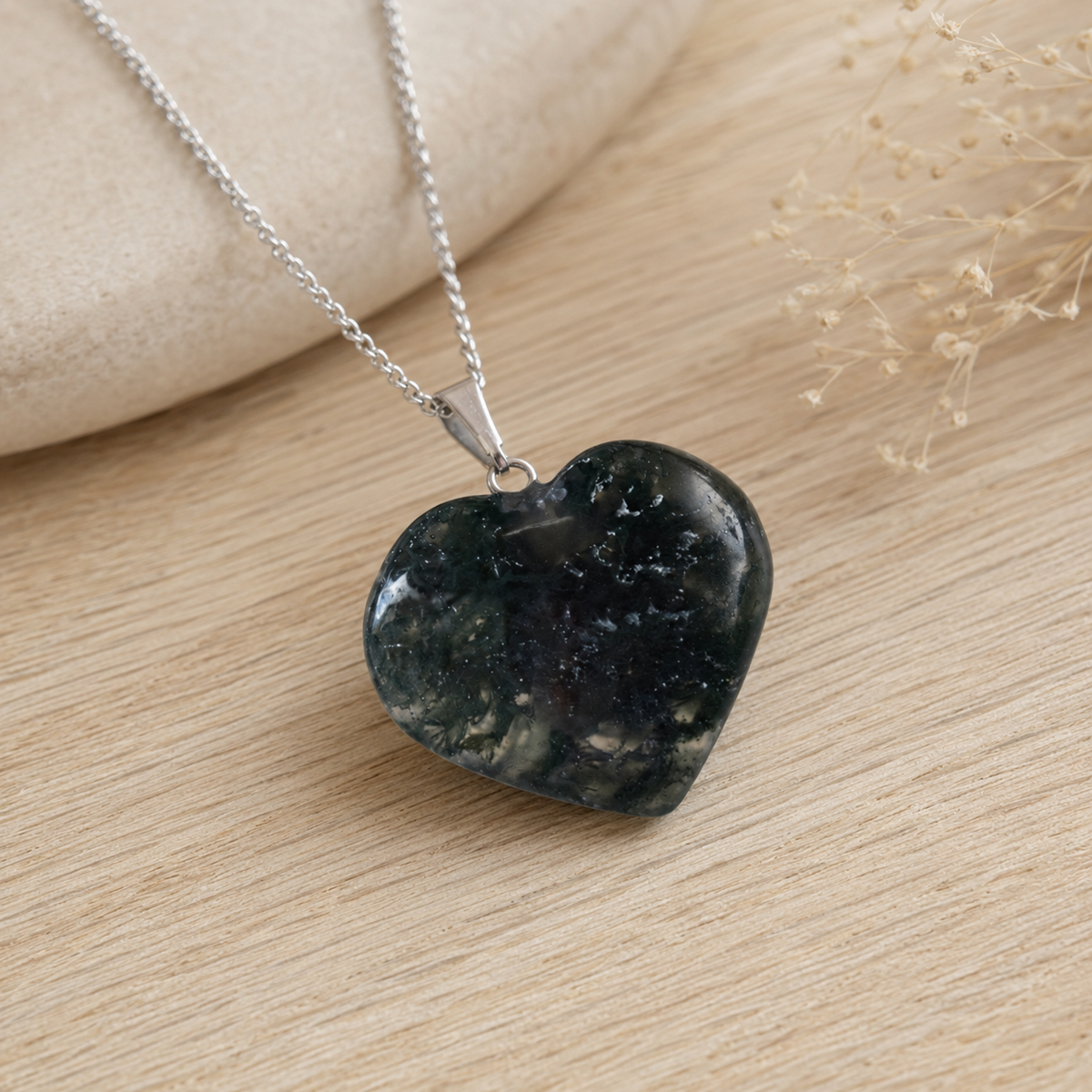 Real Moss Agate Crystal Heart Pendant, Genuine Heart Shaped Necklaces, Polished Gemstone Charm | | Wiccan Center
