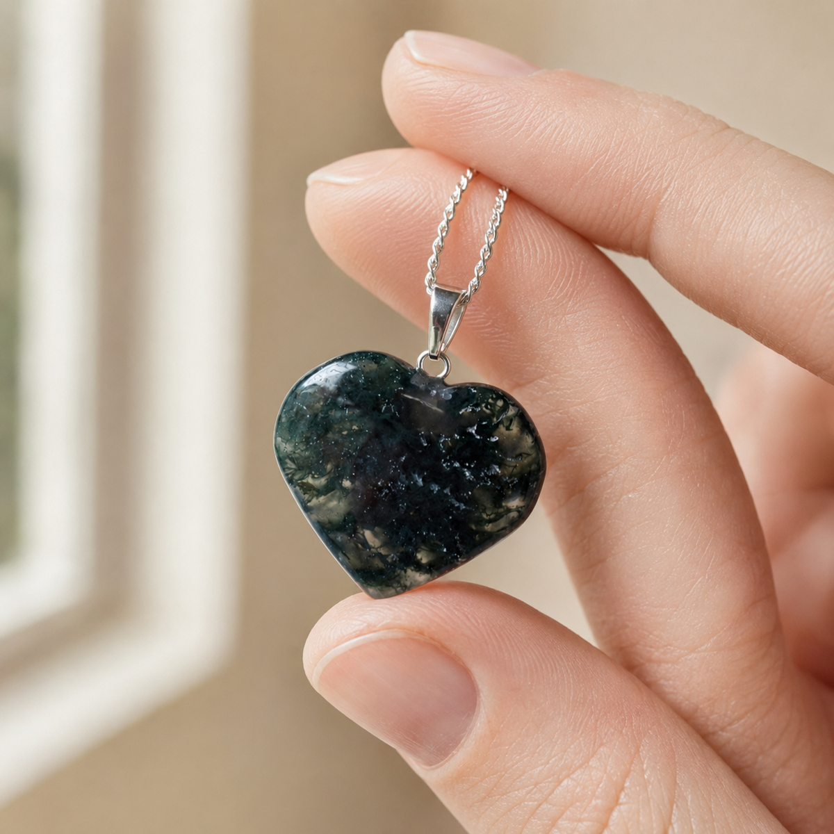 Real Moss Agate Crystal Heart Pendant, Genuine Heart Shaped Necklaces, Polished Gemstone Charm | | Wiccan Center