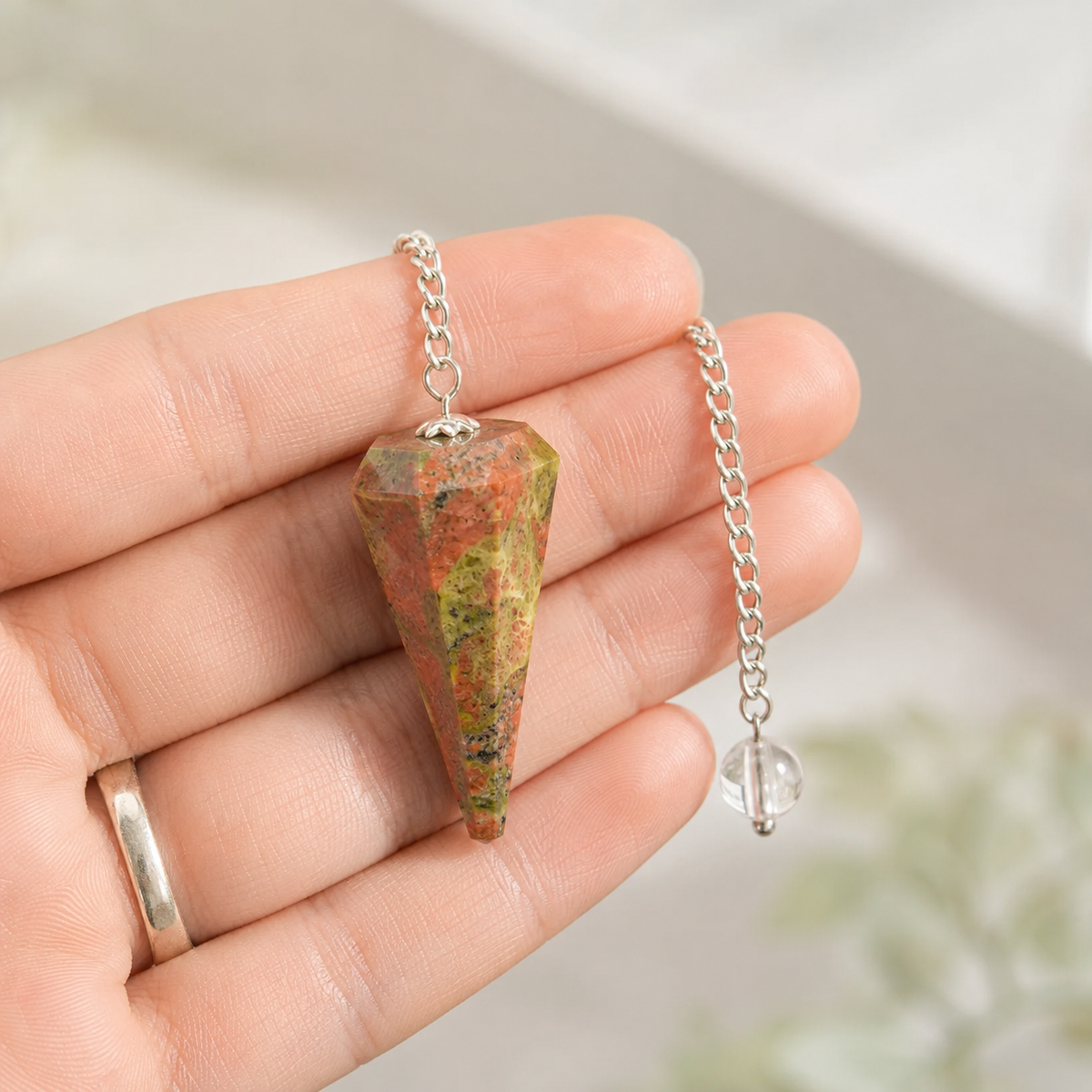 Unakite Faceted Hexagon Pendulum, Crystal Pendulum