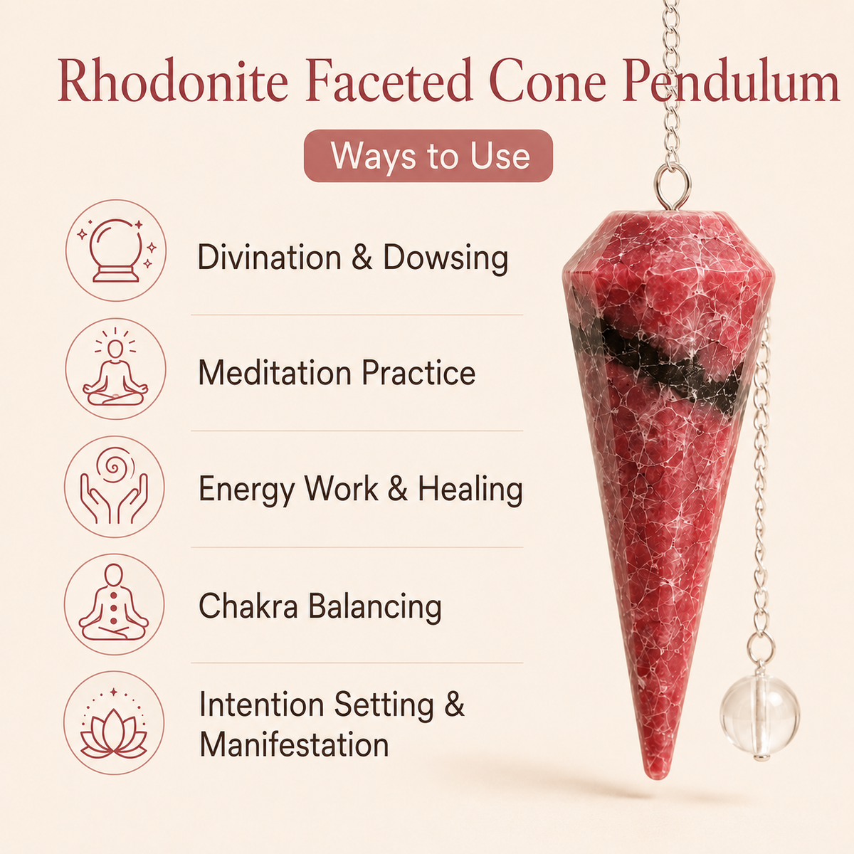 Rhodonite Faceted Hexagon Pendulum, Crystal Pendulum