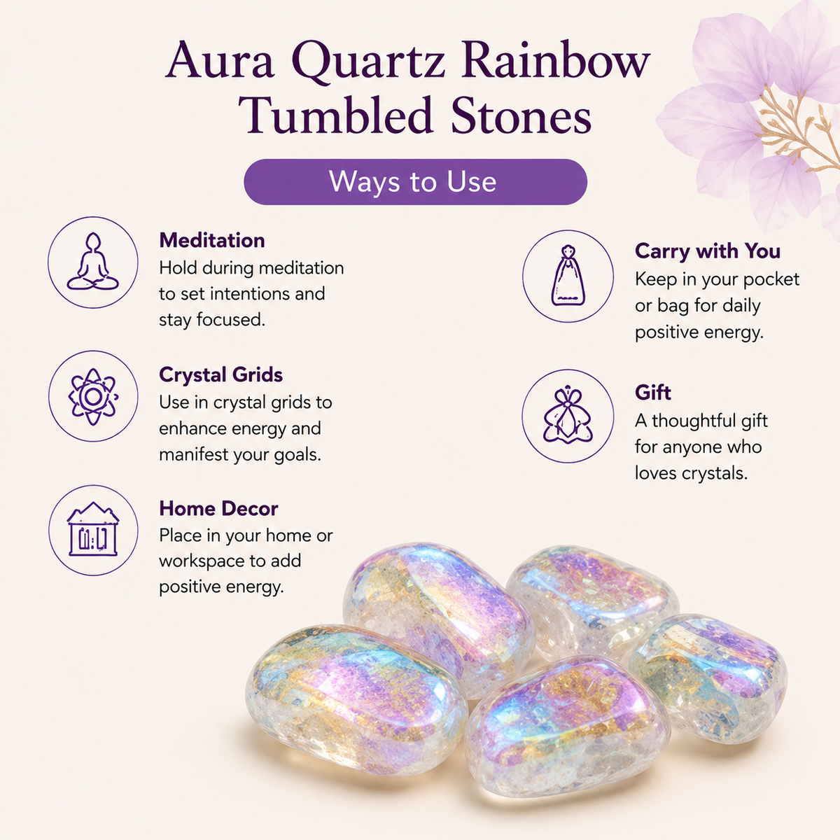 Aura Quartz Rainbow Tumbled Crystals (Energy Transfer and Past Life Recall) | Tumbled Stones & Chips | Wiccan Center