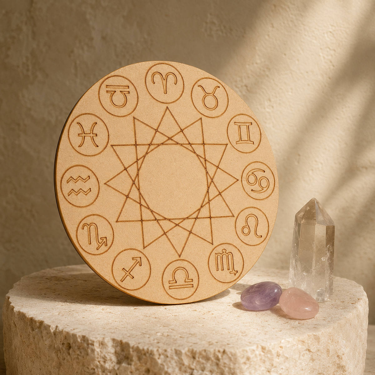 Engraved Zodiac Signs Crystal Grid Board, 6" Wooden Crystal Grid Plate