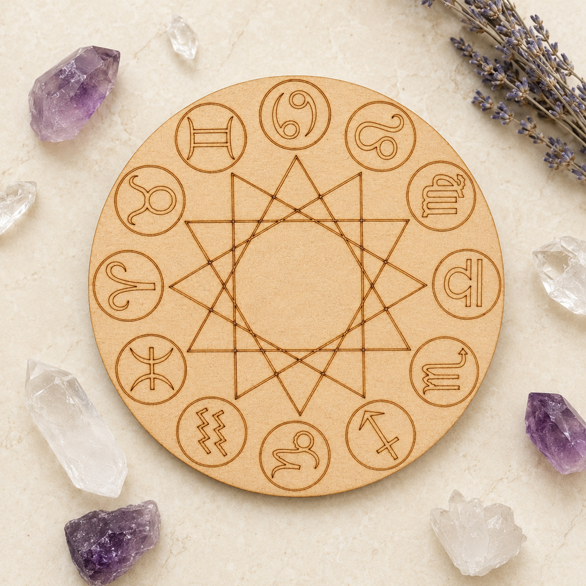 Engraved Zodiac Signs Crystal Grid Board, 6" Wooden Crystal Grid Plate
