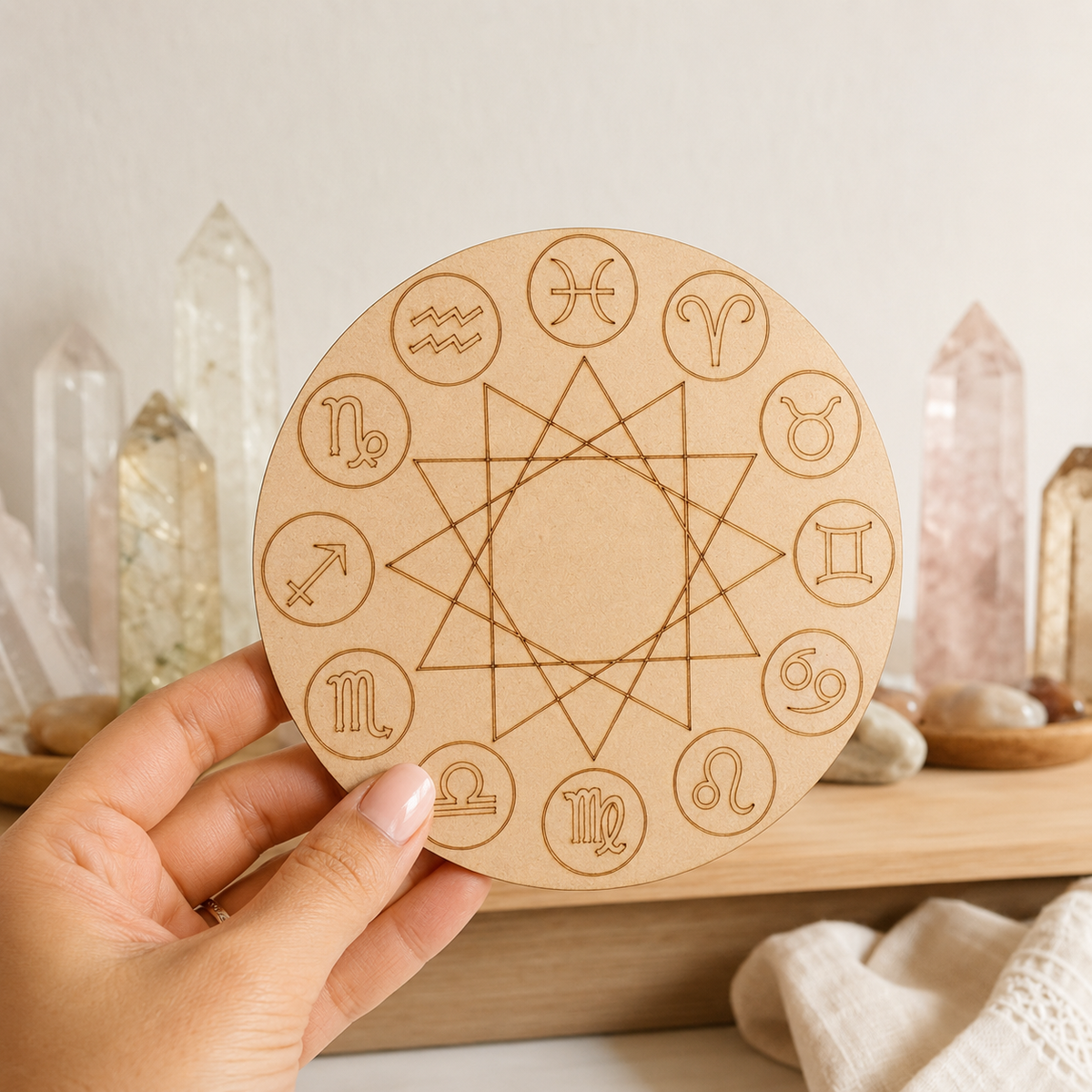 Engraved Zodiac Signs Crystal Grid Board, 6" Wooden Crystal Grid Plate