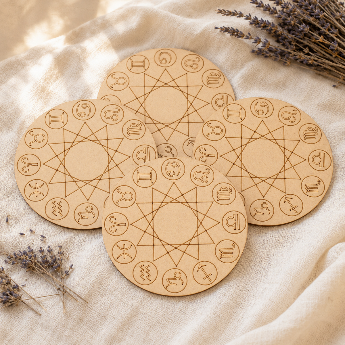 Engraved Zodiac Signs Crystal Grid Board, 6" Wooden Crystal Grid Plate