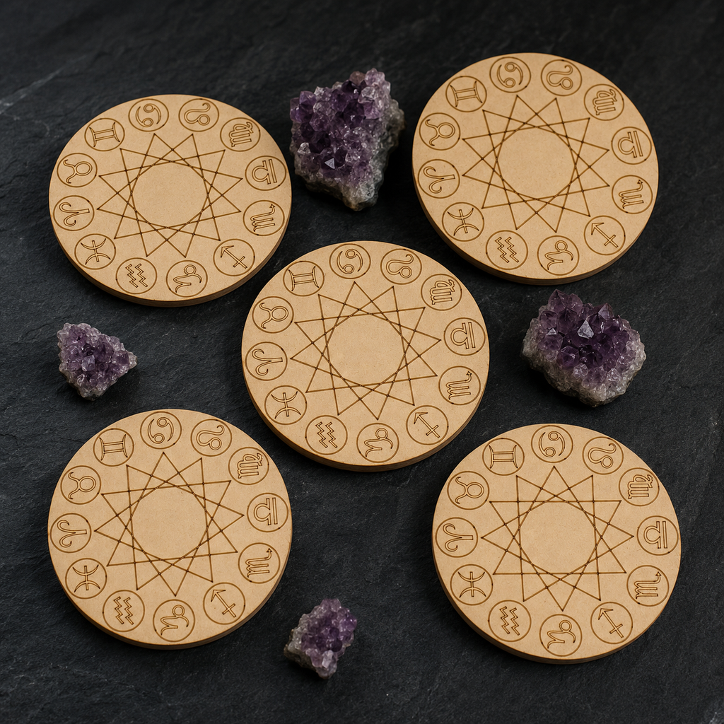 Engraved Zodiac Signs Crystal Grid Board, 6" Wooden Crystal Grid Plate | Pyramids & Spheres | Wiccan Center