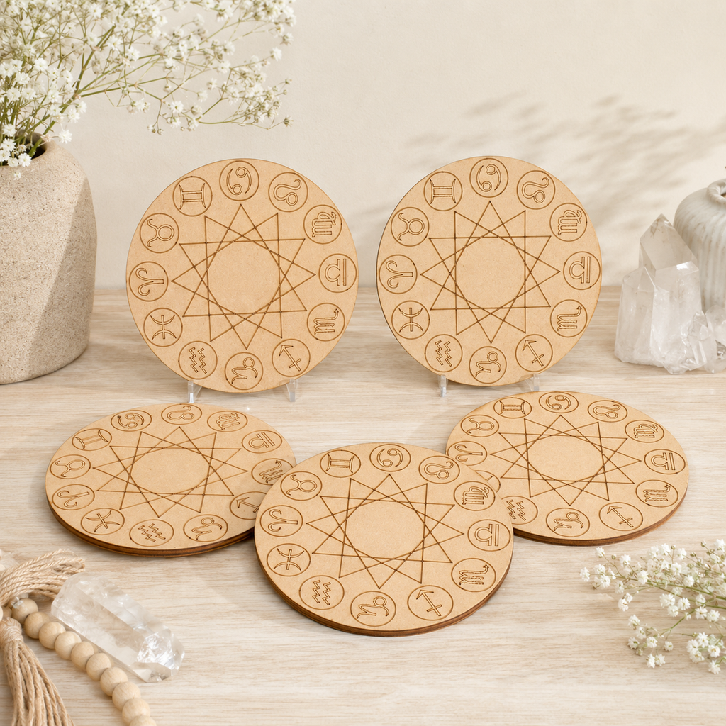 Engraved Zodiac Signs Crystal Grid Board, 6" Wooden Crystal Grid Plate | Pyramids & Spheres | Wiccan Center