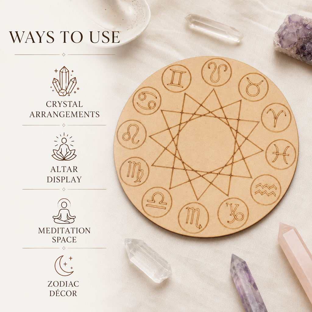 Engraved Zodiac Signs Crystal Grid Board, 6" Wooden Crystal Grid Plate | Pyramids & Spheres | Wiccan Center