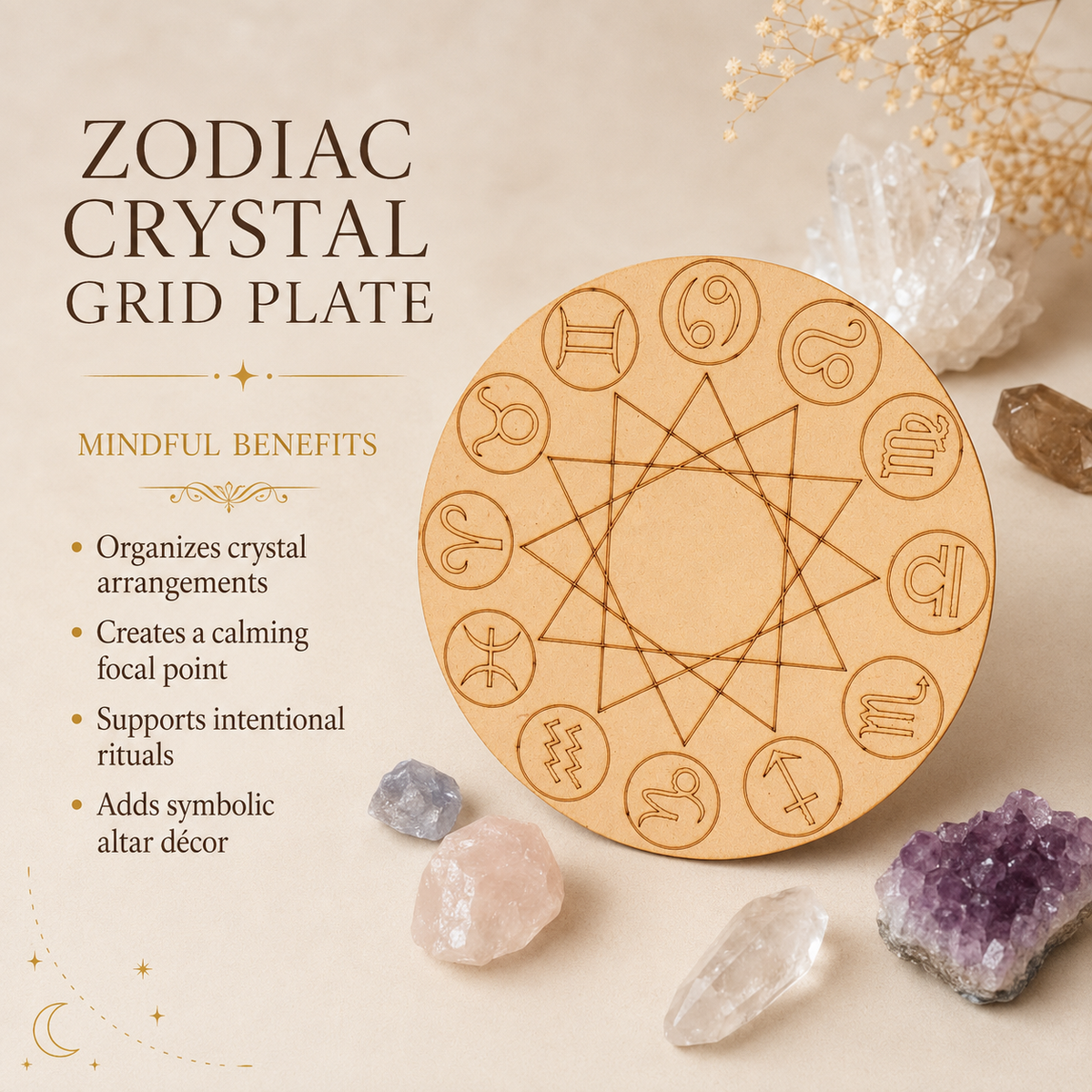 Engraved Zodiac Signs Crystal Grid Board, 6" Wooden Crystal Grid Plate | Pyramids & Spheres | Wiccan Center